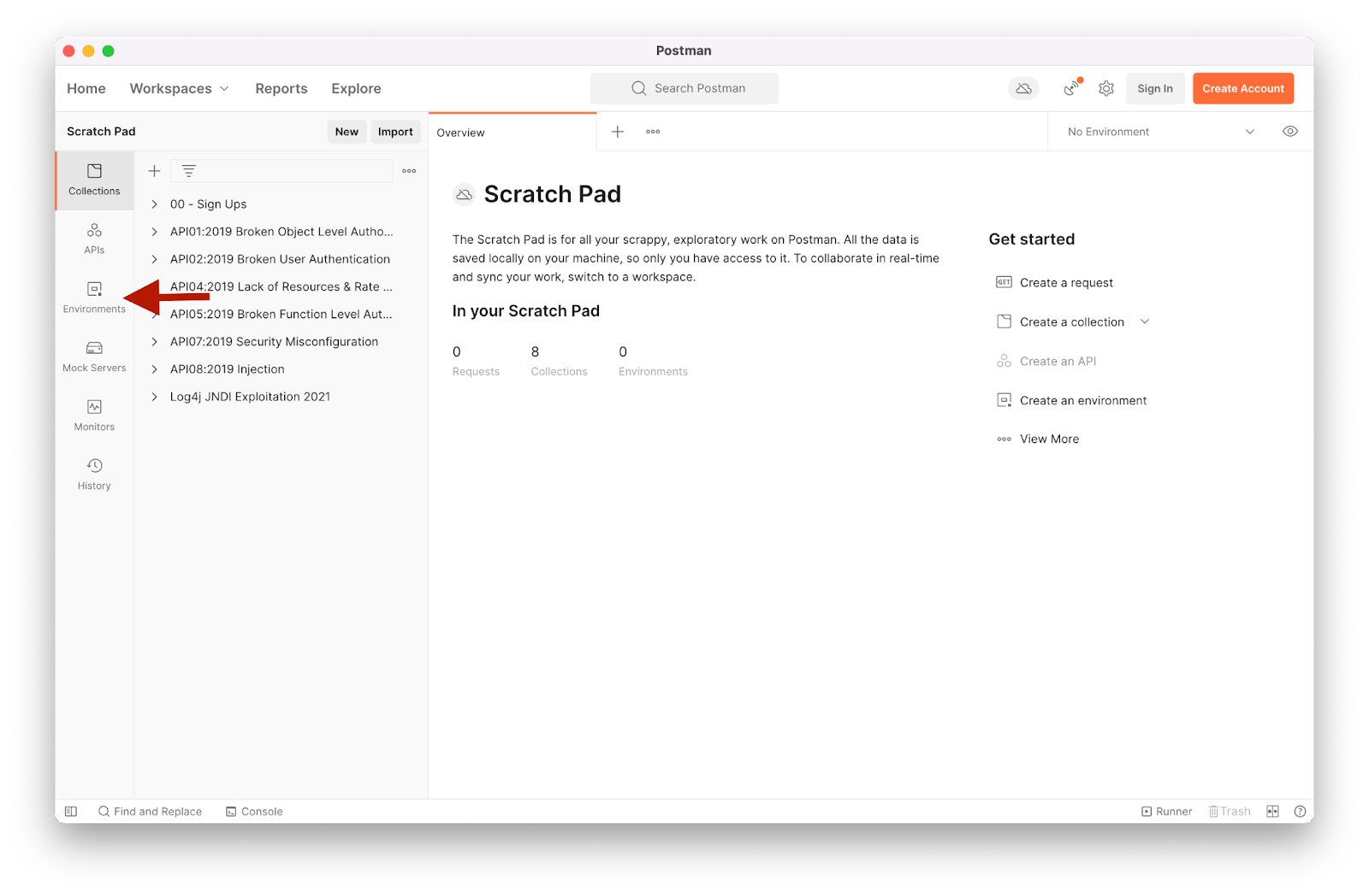 Screenshot of postman environments tab